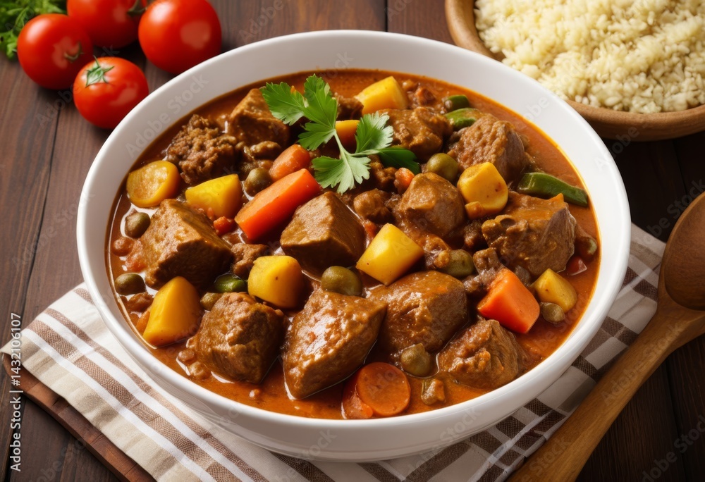 A bowl of meat-and-vegetable stew is on the table A bowl of meat-and-vegetable stew is on the table