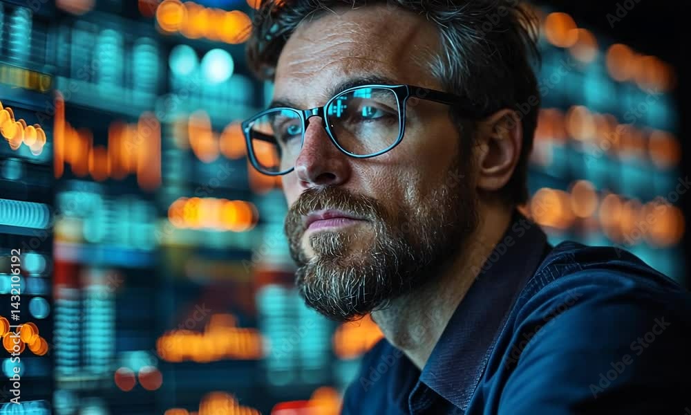 Focused professional analyzing data trends in a high-tech environment with vibrant visuals