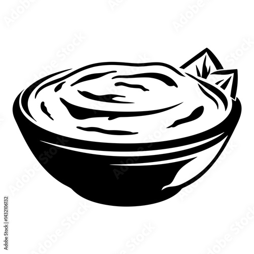 Monochrome illustration of a bowl of dip or sauce with garnish