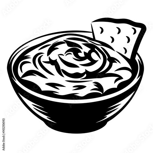 Bold graphic of a bowl of dip with a chip snack vector