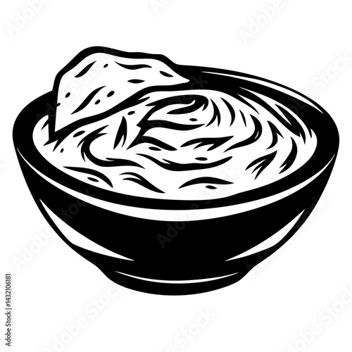 Stylized black and white illustration of a bowl of dip with chip
