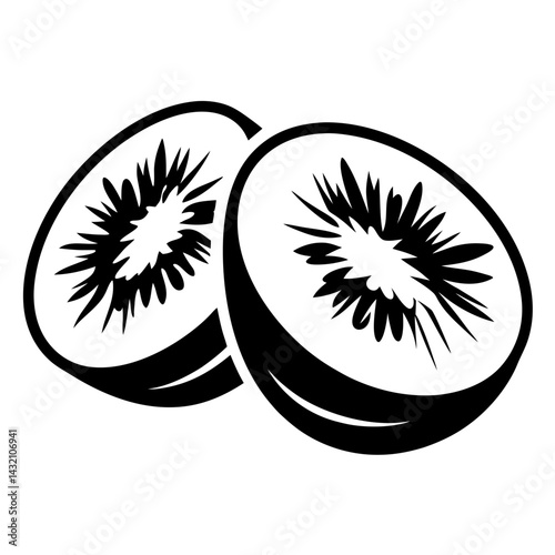 Two kiwi fruit halves in a bold black and white illustration