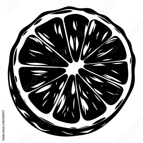 Monochromatic citrus fruit slice with bold line art aesthetic is visually striking