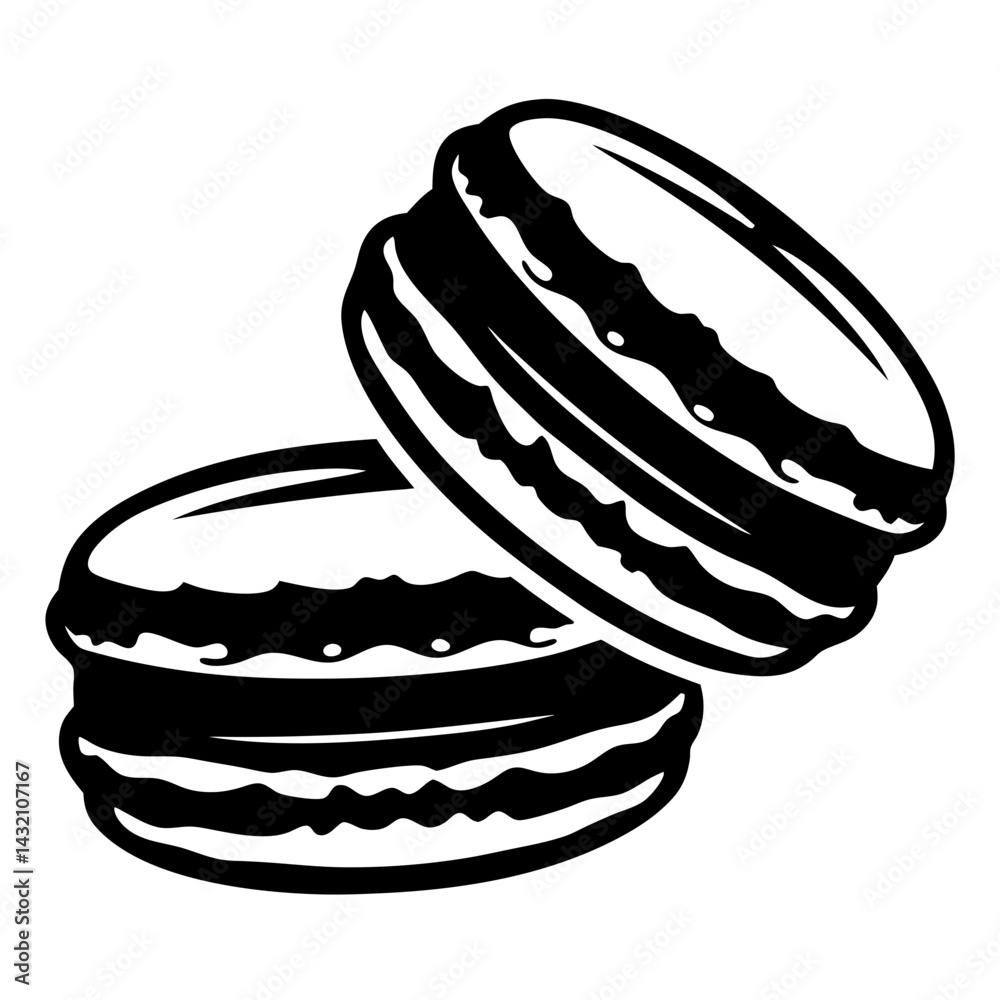 Obraz premium Black and white vector illustration of two delicious macarons stacked together