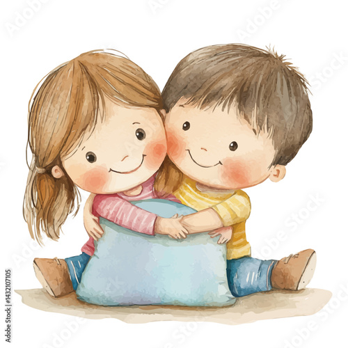 Siblings Playing Together, watercolor vector, isolated on a white background.