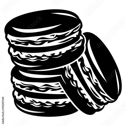 Elegant Monochrome Rendering of Stacked Macarons with an Accompanying Pastry