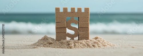 The dollar weakens concept. Sandcastle with a dollar sign in front of a beach background.
