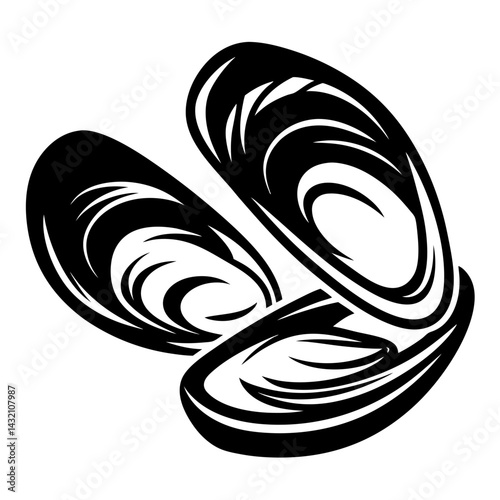 Stylized black and white mussels or clams graphic illustration on white background
