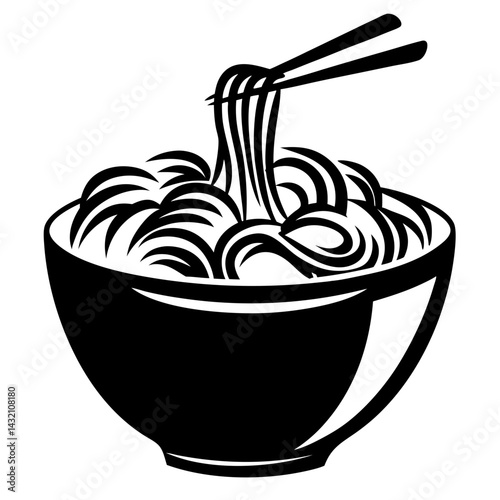 A simplistic black and white illustration of a bowl of noodles