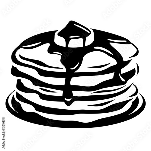 Delicious stack of pancakes with butter and syrup in black and white