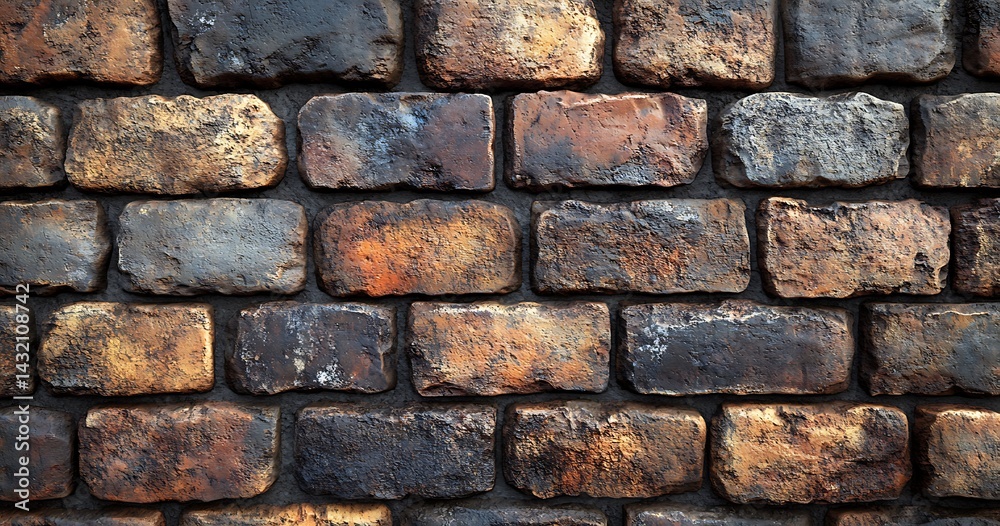 Naklejka premium Close-Up of Textured Brick Wall with Dark Weathered Bricks and Hints of Orange and Brown Hues for Industrial and Urban Design