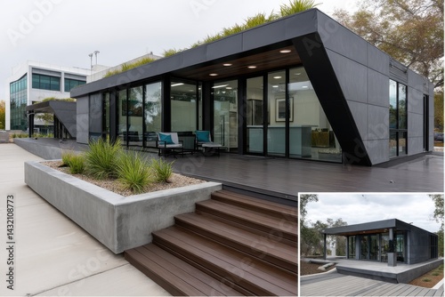 Wallpaper Mural A smart modern building features an eye-catching design with angular lines and landscaped areas, representing innovation and bringing nature into urban architecture. Torontodigital.ca