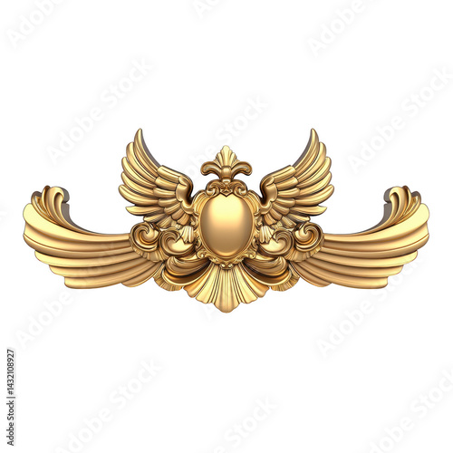 ornate golden emblem features central shield flanked by elegant wings and intricate scrollwork, exuding sense of luxury and prestige. design is symmetrical and detailed