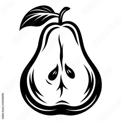 Striking black and white illustration of a half pear with leaf detail