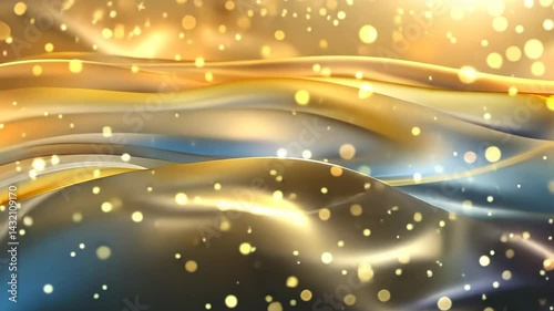 An elegant and shimmering abstract background with flowing gold and silver waves and a soft glowing bokeh effect