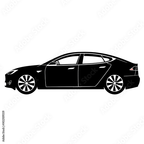 sleek black silhouette of modern sedan car is depicted, showcasing its aerodynamic design and smooth lines. image highlights vehicle elegant profile, emphasizing its contemporary style