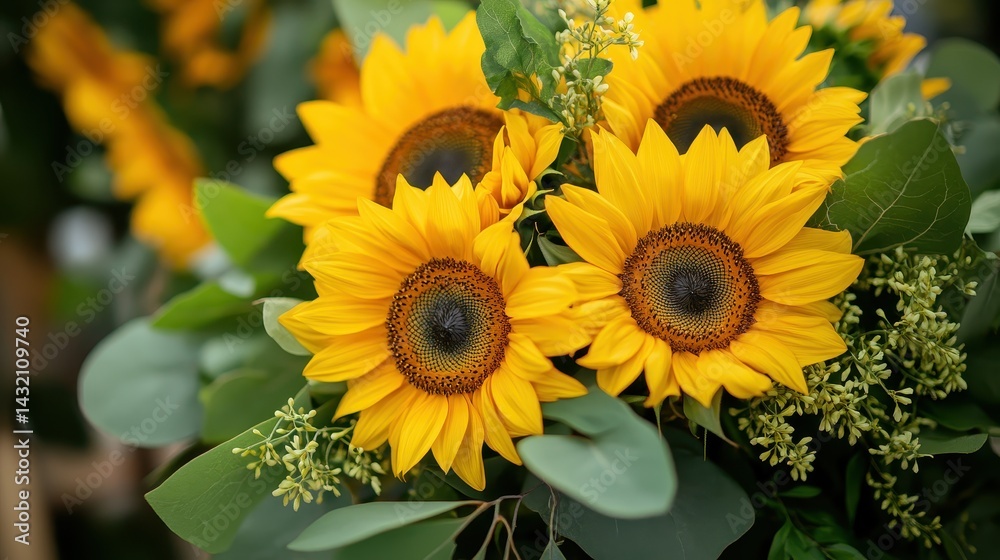 Obraz premium Vibrant bouquet of sunflowers, accented with greenery.