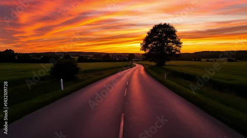 Curving Road at Vivid Sunset: Colorful Sky Over Rural Landscape