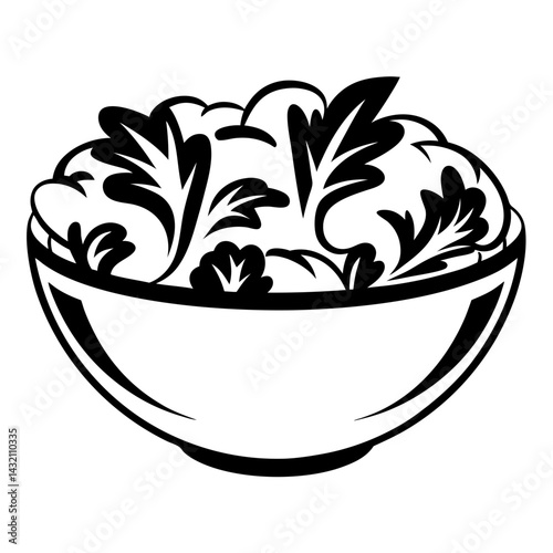 Black and white vector illustration of a salad in a bowl design