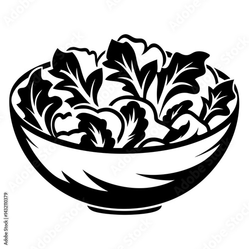 Stylized monochromatic illustration of a salad bowl overflowing with leafy greens