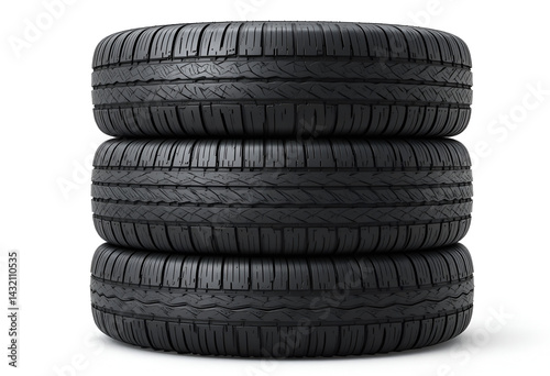 Stack of Four New Black Car Tires Isolated on White for Automotive and Transportation Concepts: Vehicle Maintenance and Safety Imagery: Tires, Car, Black, Stack, Isolated, White, Automotive, Transport