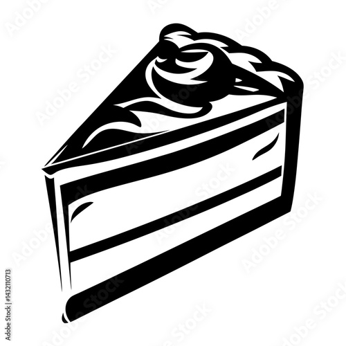Dramatic black and white illustration of a delicious chocolate cake slice