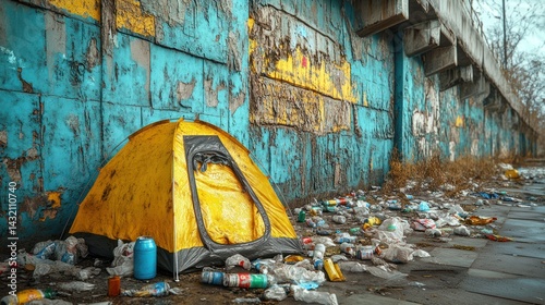 Solitary Tent Amidst Urban Decay: A poignant scene of homelessness and environmental neglect.