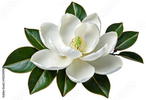 Close-up of white flowers with green leaves on a white background