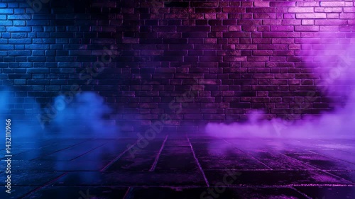 Brick wall illuminated with bright blue and purple neon lights, with fog or smoke adding to the atmosphere of the darkness