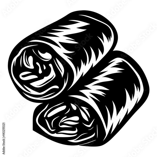 Minimalist illustration of two delicious looking spring rolls in black and white