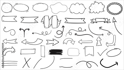 Hand drawn doodle frame, circle, arrow, check marks, and line vector set for creative designs, presentation, highlight, and decoration. Diverse elements for flexibility in projects