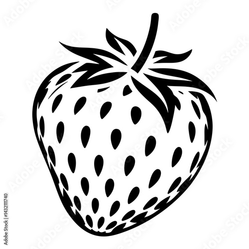 Stylized black and white strawberry illustration with abstract leaves and seeds