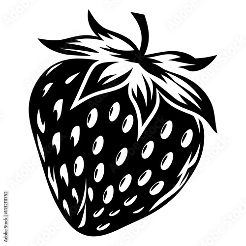 Minimalist black and white strawberry illustration with detailed leaf crown design