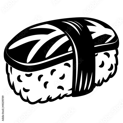 Stylized black and white illustration of Japanese nigiri sushi with seaweed
