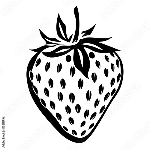 Black and white graphic of a single strawberry in minimalist style