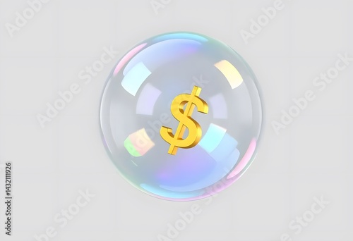 transparent, iridescent soap bubble containing a golden dollar symbol ($) floating at the center, isolated background