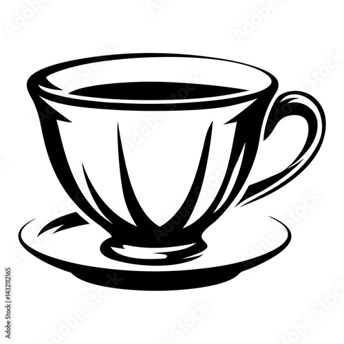 Minimalistic monochrome vector illustration of a teacup with coffee and saucer
