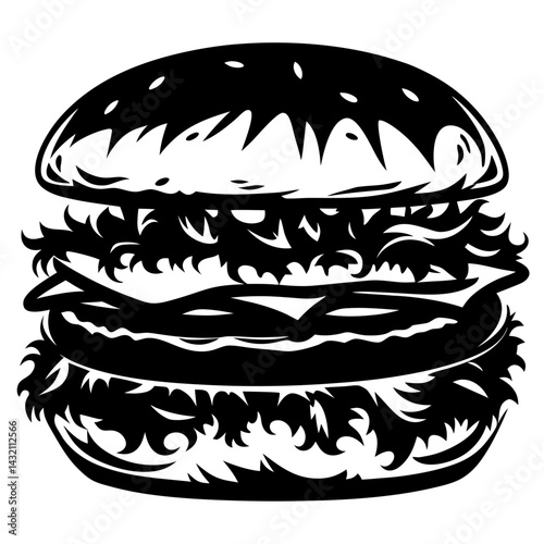 Monochrome illustration of a delicious looking burger with plenty of toppings
