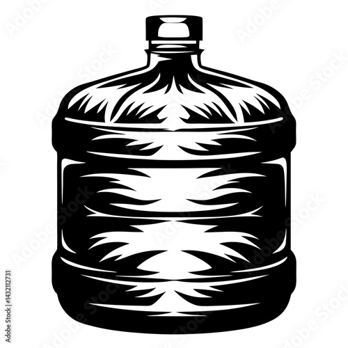 Monochrome illustration of a large plastic water bottle with abstract design