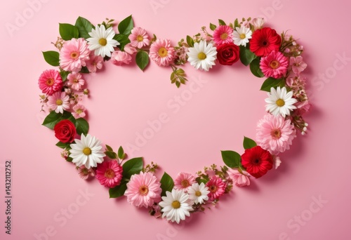 Heart-shaped arrangement of flowers on a pink background