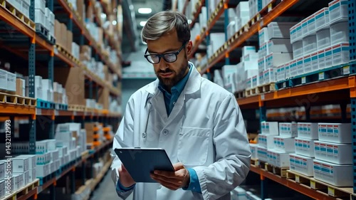 Focused pharmacist in white coat and glasses using tablet in stocked drug warehouse filled with boxes