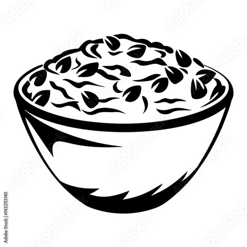 Monochromatic depiction of a bowl filled with a textured substance or food