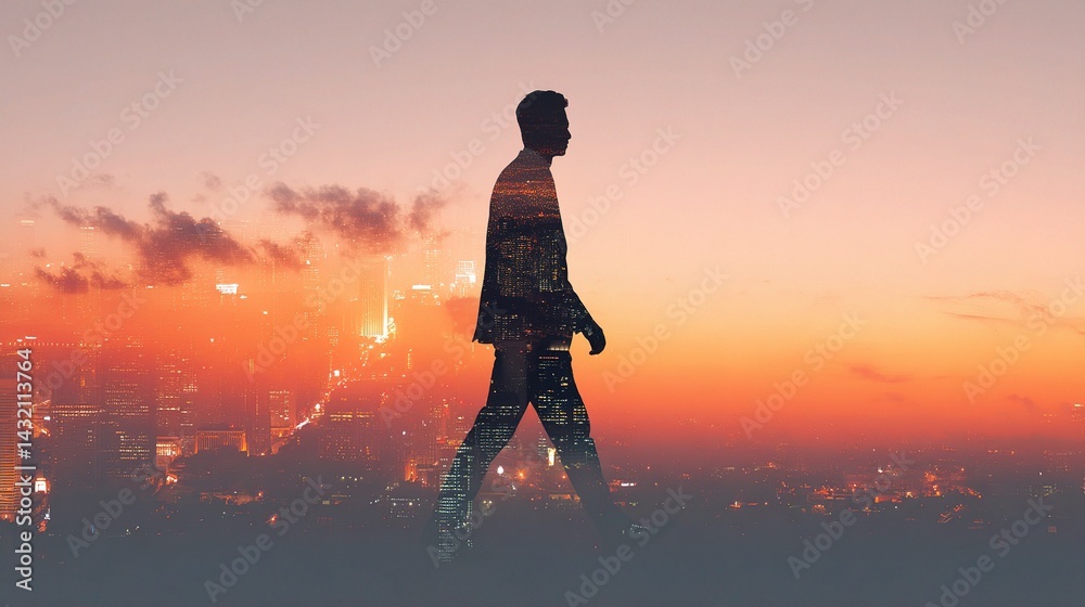 Obraz premium Businessman Walking at Sunset in a Double Exposure Concept