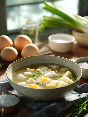 completed cooking process for Fish Soup with Beaten Eggs. In the foreground, a bowl of ready-to-eat soup appears liquid and rich, featuring pieces of pike perch, diced potatoes, and a subtle hint of b