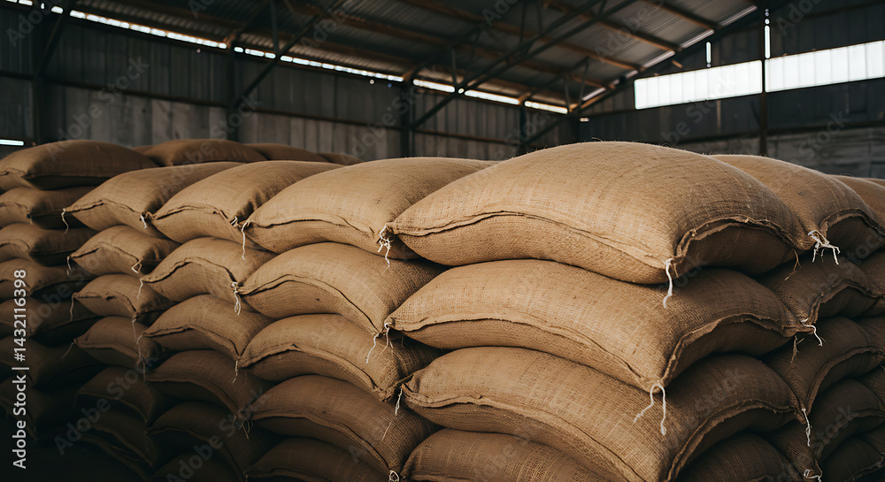 Obraz premium Stacks of Burlap Sacks Filled with Coffee Beans in a Warehouse