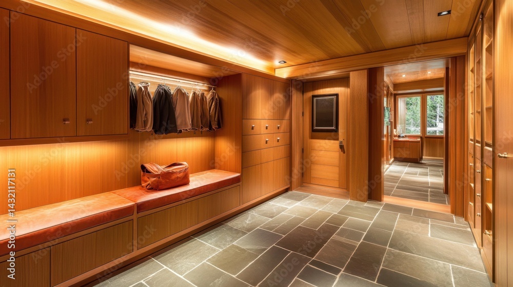 Mudroom with minimalist cabinetry, integrated seating, and smart organization Mudroom with minimalist cabinetry, integrated seating, and smart organization