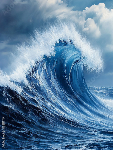 
The blue and white giant waves rolling on the open sea captured the power of the waves with dynamic strokes,. 