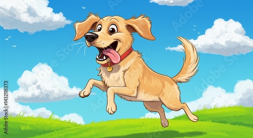 Happy golden retriever dog running through a green grassy field under a bright blue sky with fluffy clouds and birds flying in the background
