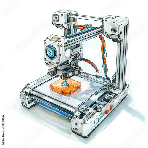 Self-replicating 3D Printer, vector watercolor illustration, isolated on a white background.