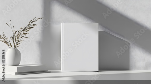 A plain notebook or binder mockup with a blank cover, set on a white desk. Minimalist stationery
